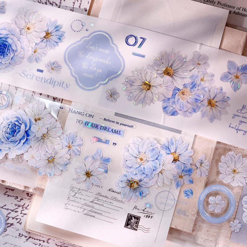 Light Blue Flower Die-Cutting Washi Tape - Whole Roll 5.5cm×5m