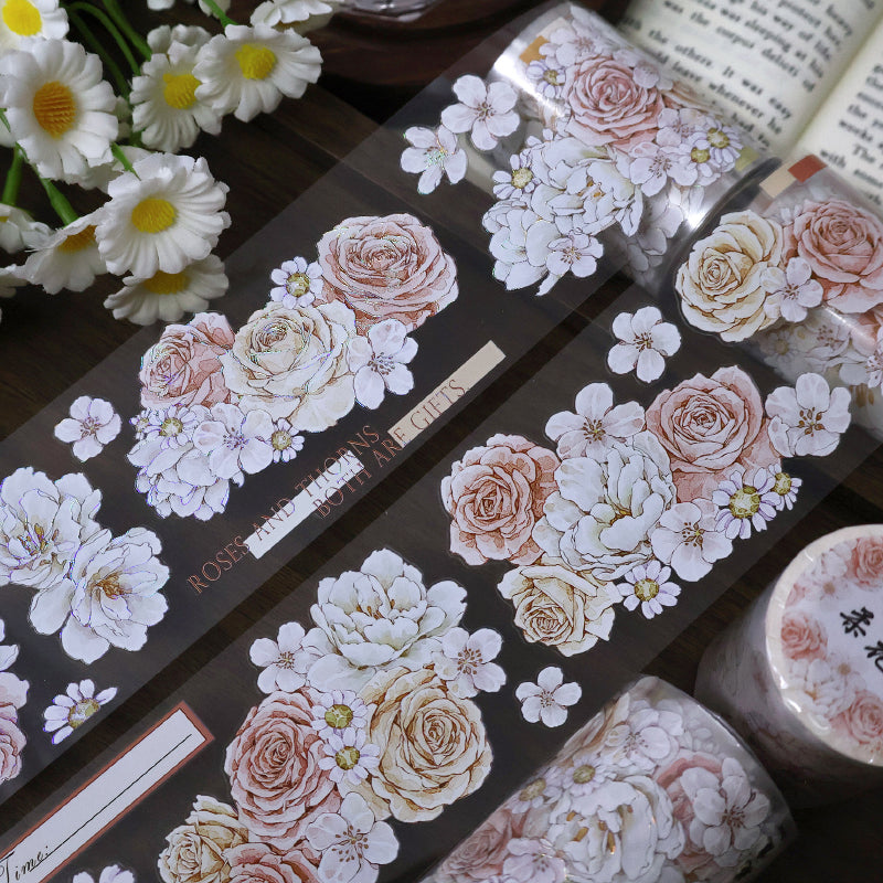 Whole Roll 5.5cm*5m Soft flower court Die Cutting Washi/PET/Shell Silver PET Tape featuring silver, and flower designs for journaling, scrapbooking and collage