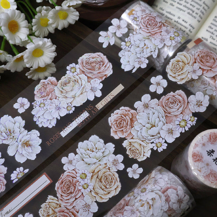 Whole Roll 5.5cm*5m Soft flower court Die Cutting Washi/PET/Shell Silver PET Tape featuring silver, and flower designs for journaling, scrapbooking and collage