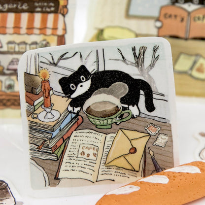 Cat Coffee Shop Series Die Cutting Washi Tape featuring cat, and shop designs for journaling, scrapbooking and collage