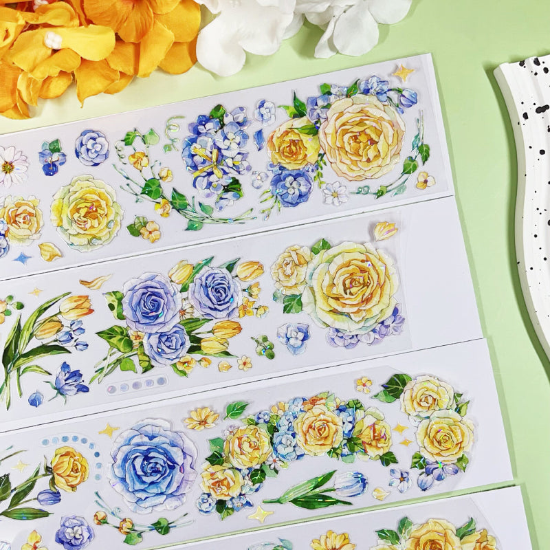 6cm*100cm Yellow and blue small flower Shell Light PET Tape featuring blue, flower, and light designs for journaling, scrapbooking and collage