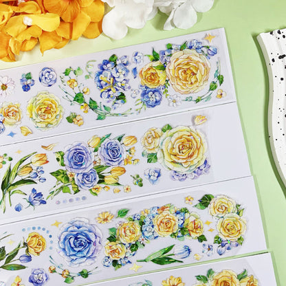 6cm*100cm Yellow and blue small flower Shell Light PET Tape featuring blue, flower, and light designs for journaling, scrapbooking and collage