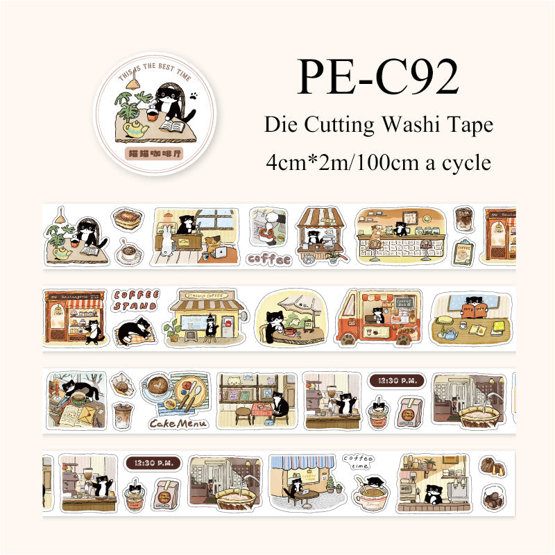 Cat Coffee Shop Series Die Cutting Washi Tape featuring cat, and shop designs for journaling, scrapbooking and collage
