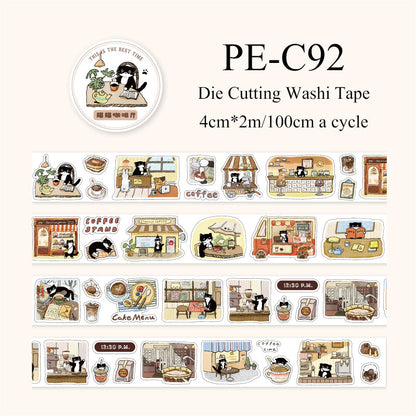Cat Coffee Shop Series Die Cutting Washi Tape featuring cat, and shop designs for journaling, scrapbooking and collage