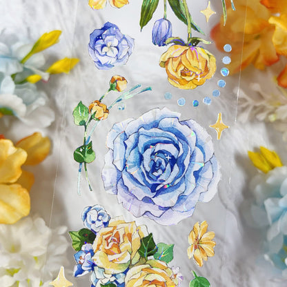 6cm*100cm Yellow and blue small flower Shell Light PET Tape featuring blue, flower, and light designs for journaling, scrapbooking and collage