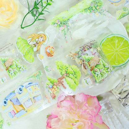 Green wind gathering wild Die Cutting Washi/Shell Light PET Tape featuring green, light, and wind designs for journaling, scrapbooking and collage