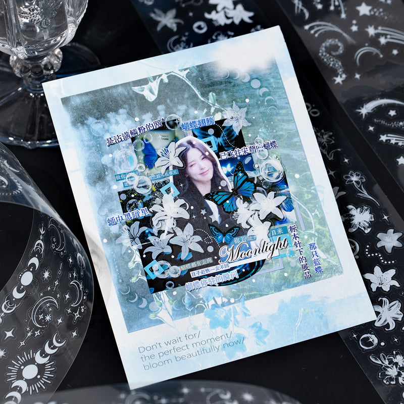 Silver Frost Black Ink Series Die Cutting PET Tape featuring black, and silver designs for journaling, scrapbooking and collage