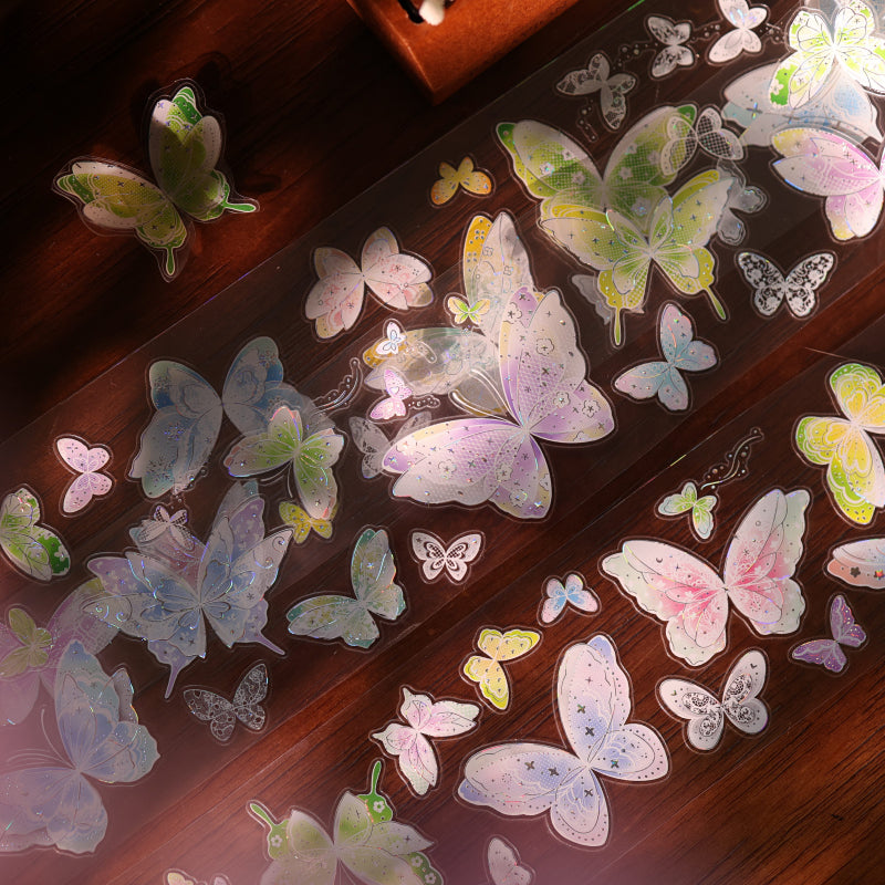 5.5cm*100cm Butterfly Dream Disc Die Cutting Shell Gold/Shell Silver PET Tape featuring butterfly, dream, and old designs for journaling, scrapbooking and collage