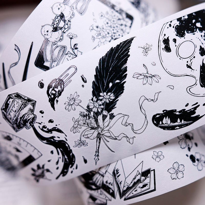 Whole Roll 6.5cm*5m Black and white paintings world Die Cutting Washi/PET/Shell Silver PET Tape featuring white, black, and silver designs for journaling, scrapbooking and collage