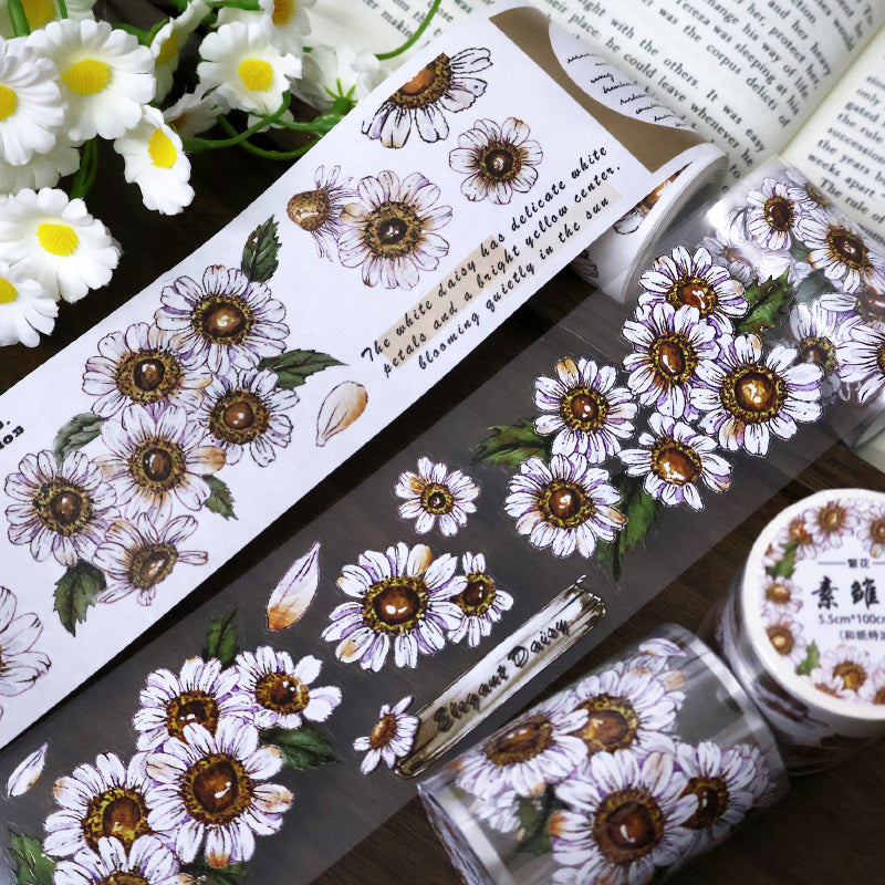 Whole Roll 5.5cm*5m Simple daisy Die Cutting Washi/PET/Shell Silver PET Tape featuring silver designs for journaling, scrapbooking and collage