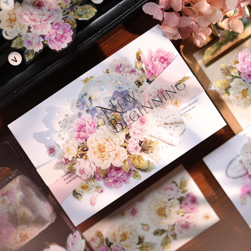 Whole Roll 5.5cm*5m Peach Fog White Flower Die Cutting Washi/PET/Shell Light PET Tape featuring white, flower, and peach designs for journaling, scrapbooking and collage
