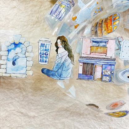 6cm*166cm Blue Atmosphere Die Cutting Washi/PET/Fog PET Tape featuring blue designs for journaling, scrapbooking and collage