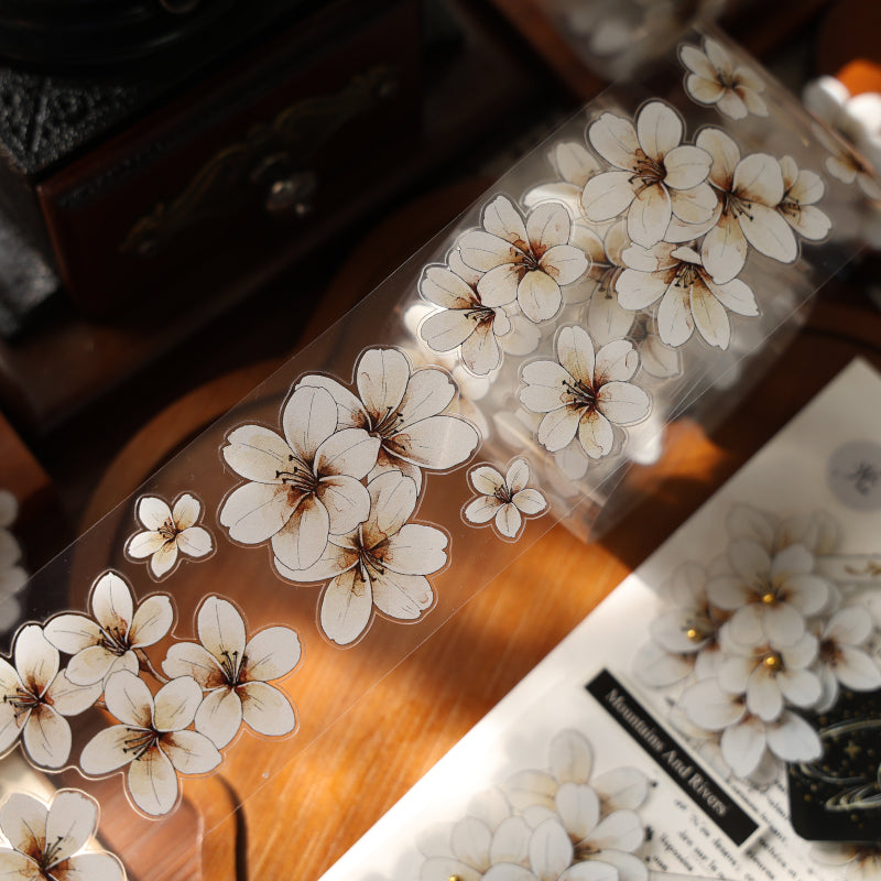 Whole Roll 5cm*5m Little White Flower Die Cutting Washi/PET Tape featuring white, and flower designs for journaling, scrapbooking and collage