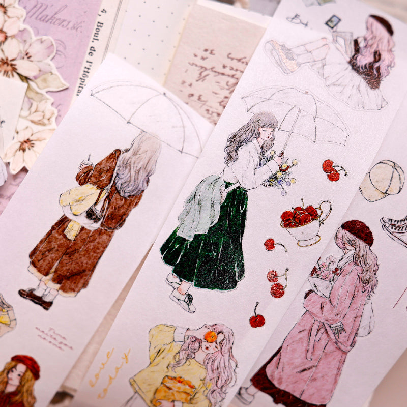 Whole Roll 5cm*5m Flower Among Girl Die Cutting Washi/PET/Fog PET Tape featuring flower, and girl designs for journaling, scrapbooking and collage