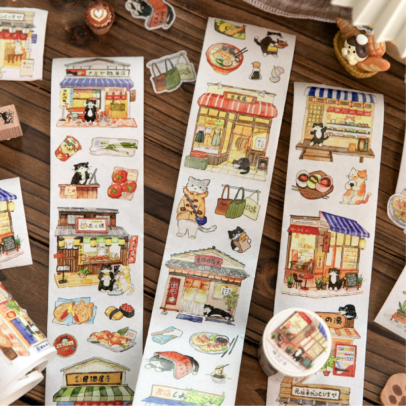 Cat Shop Series Die Cutting Washi Tape featuring cat, and shop designs for journaling, scrapbooking and collage