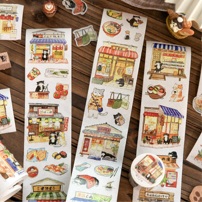 Cat Shop Series Die Cutting Washi Tape featuring cat, and shop designs for journaling, scrapbooking and collage