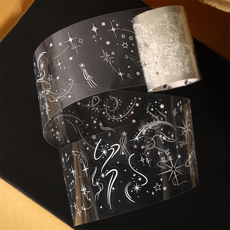 White Starfield Series Die Cutting PET Tape featuring white, and star designs for journaling, scrapbooking and collage