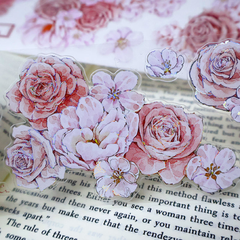 Whole Roll 5.6cm*5m Sweet rose Die Cutting Washi/PET/Shell Silver PET Tape featuring rose, sweet, and silver designs for journaling, scrapbooking and collage