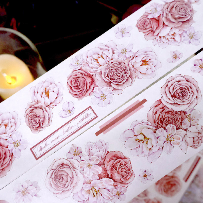 Whole Roll 5.6cm*5m Sweet rose Die Cutting Washi/PET/Shell Silver PET Tape featuring rose, sweet, and silver designs for journaling, scrapbooking and collage