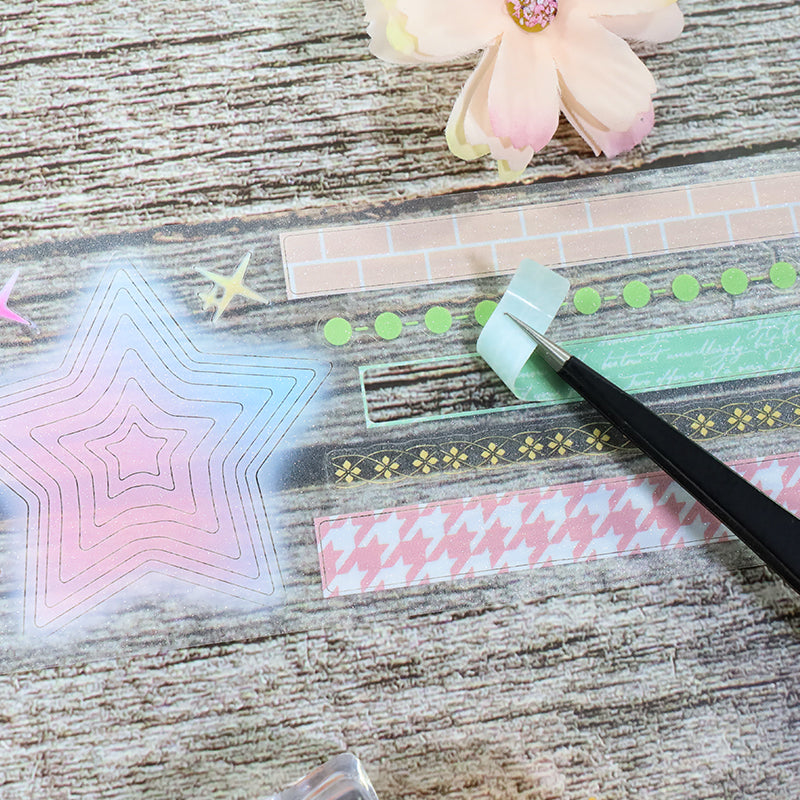 Line-cut shallow color Die Cutting Sparking Film PET Tape featuring color designs for journaling, scrapbooking and collage