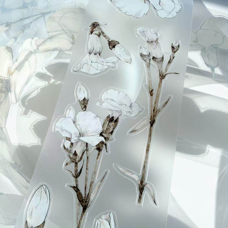 Whole Roll 6cm*10m White flower Die Cutting Washi/PET/Fog PET Tape featuring white, and flower designs for journaling, scrapbooking and collage