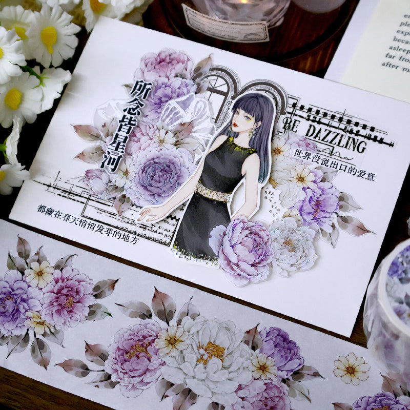 Whole Roll 5.6cm*5m Purple peony flower Die Cutting Washi/PET/Shell Light PET Tape featuring flower, and light designs for journaling, scrapbooking and collage
