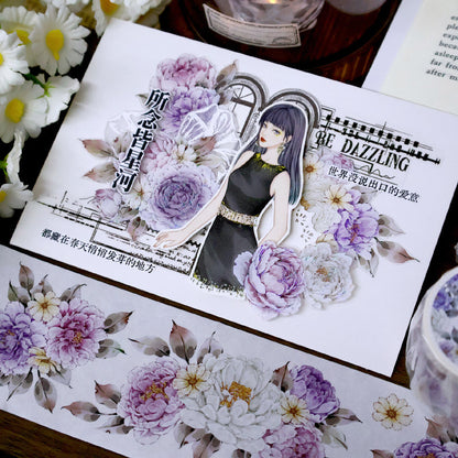 Whole Roll 5.6cm*5m Purple peony flower Die Cutting Washi/PET/Shell Light PET Tape featuring flower, and light designs for journaling, scrapbooking and collage