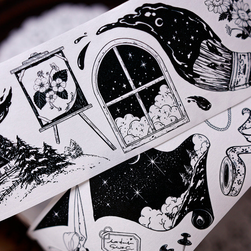 6.5cm*125cm Black and white paintings world Die Cutting Washi/PET/Shell Silver PET Tape featuring white, black, and silver designs for journaling, scrapbooking and collage