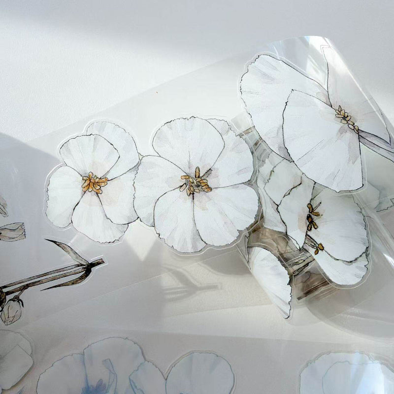 Whole Roll 6cm*10m White flower Die Cutting Washi/PET/Fog PET Tape featuring white, and flower designs for journaling, scrapbooking and collage