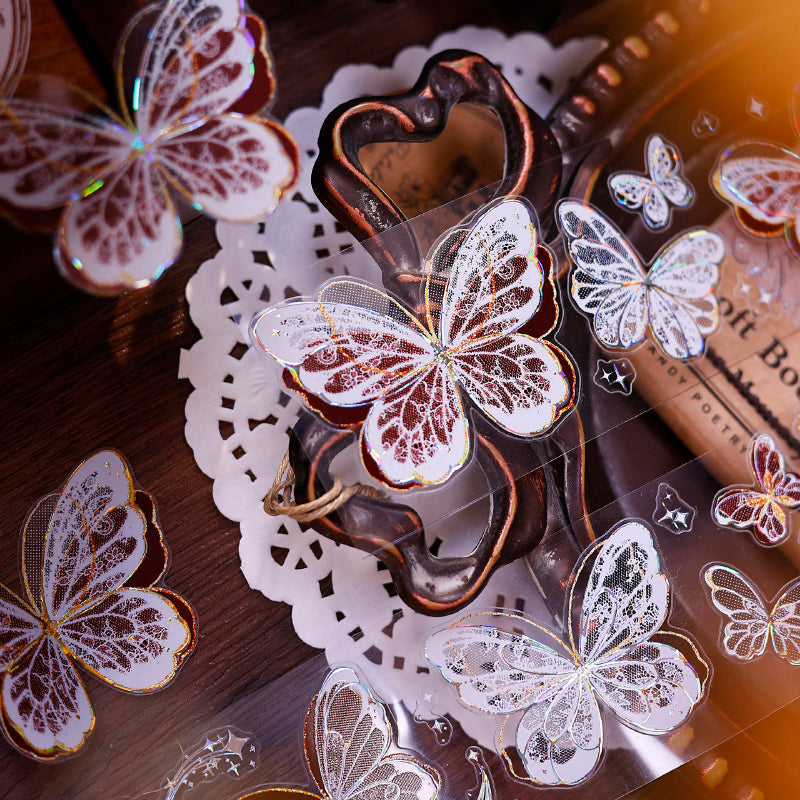 4.5cm*100cm Butterfly wings Die Cutting Flash PET/Shell Light/Gold/Silver Tape featuring butterfly, old, and gold designs for journaling, scrapbooking and collage