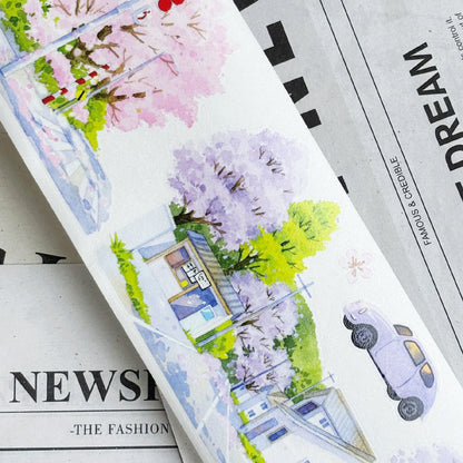 7cm*102cm Spring Day Street Die Cutting Washi/PET/Fog PET Tape featuring spring, street, and tree designs for journaling, scrapbooking and collage