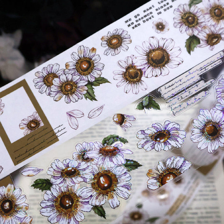 5.5cm*100cm Simple daisy Die Cutting Washi/PET/Shell Silver PET Tape featuring silver designs for journaling, scrapbooking and collage