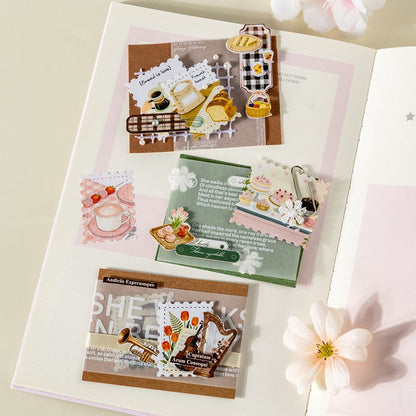 Spring Prelude Series tape featuring spring breeze, flower room, lazy cat cafe, and stream shelter designs for journaling, scrapbooking and collage