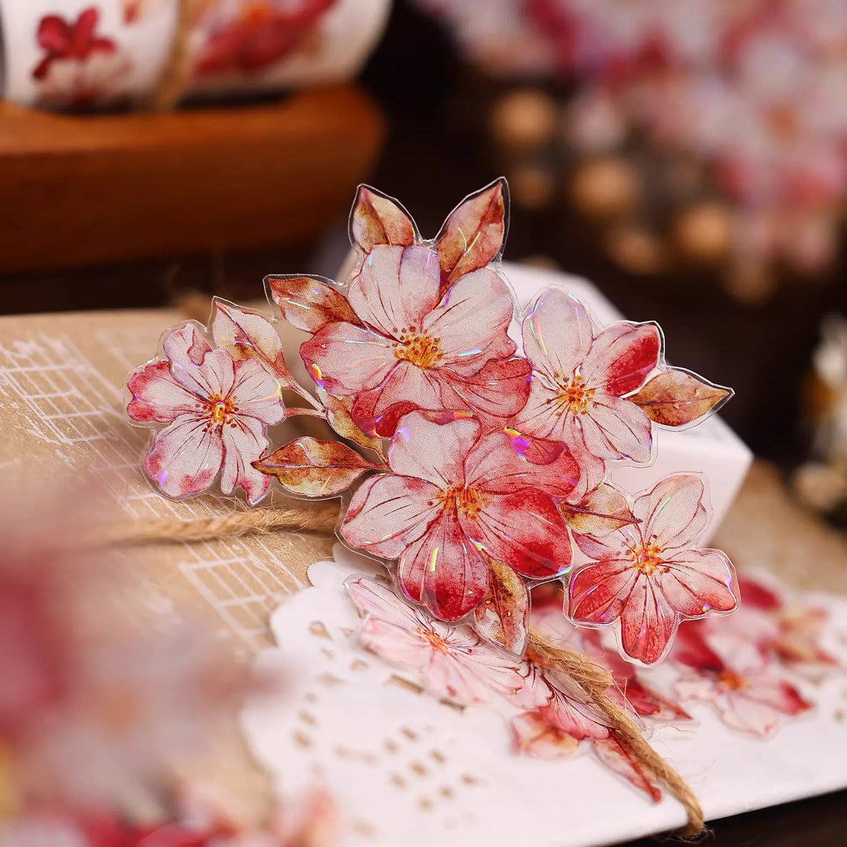 Retro Red Floral PET & Washi Die-Cut Tape
