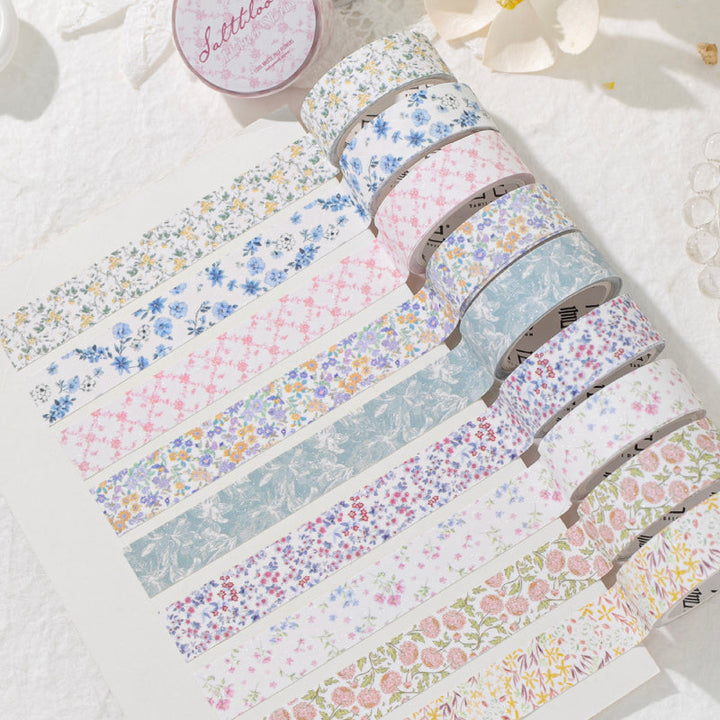 Thin Salt Flower Series Flash Sand Synthetic Paper Tape featuring flower designs for journaling, scrapbooking and collage