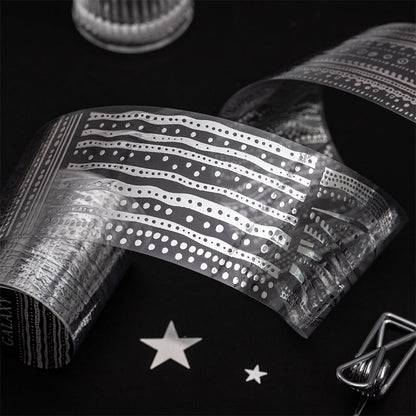 Boundless Galaxy Series Silver Stamping PET Tape featuring silver designs for journaling, scrapbooking and collage