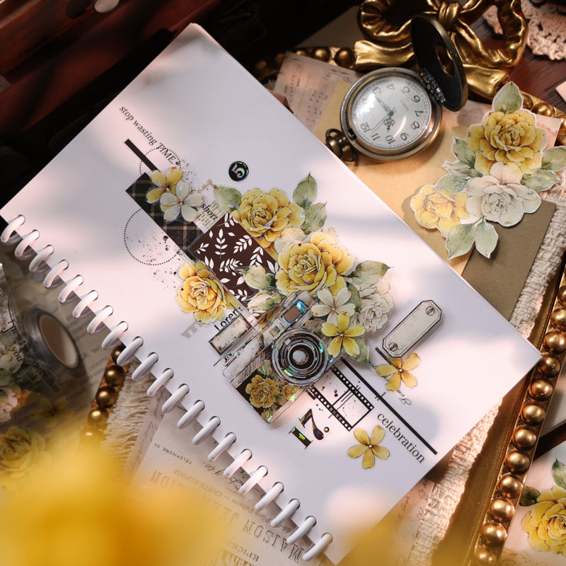 Faded Yellow Letter Flower Die-Cutting Washi Tape - Whole Roll 6cm×6m