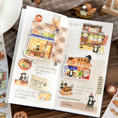 Cat Shop Series Die Cutting Washi Tape featuring cat, and shop designs for journaling, scrapbooking and collage