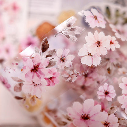 5.5cm*150cm Powdered perfume flower Die Cutting Washi/PET Tape featuring red, and flower designs for journaling, scrapbooking and collage
