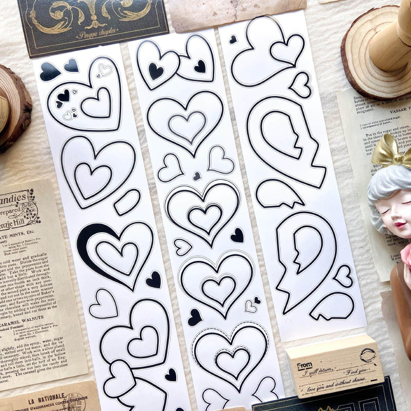 Whole Roll 8cm*6m Black Hidden Peach Heart Die Cutting Synthetic Paper Tape featuring black, and peach designs for journaling, scrapbooking and collage