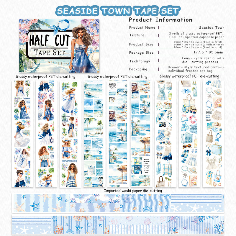Seaside town Die Cutting Washi/PET Tape Set featuring sea designs for journaling, scrapbooking and collage
