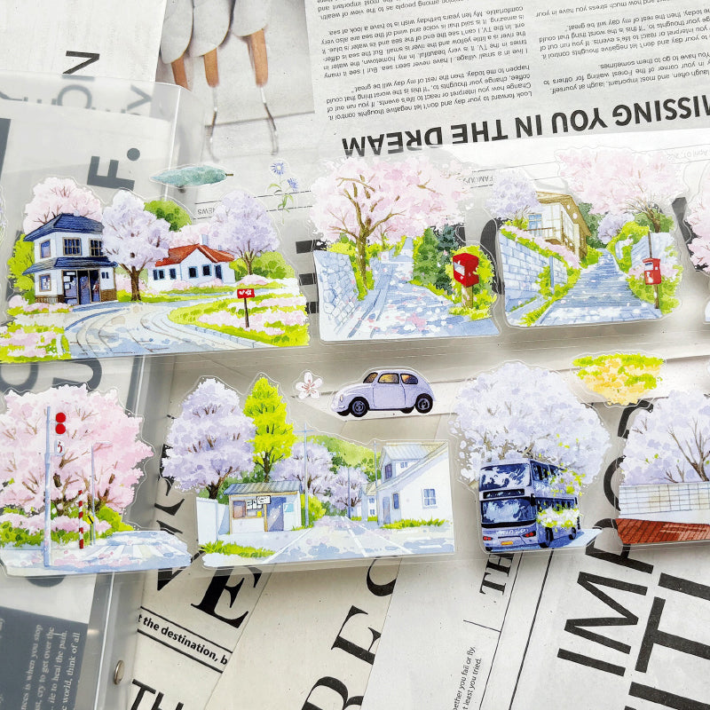 7cm*102cm Spring Day Street Die Cutting Washi/PET/Fog PET Tape featuring spring, street, and tree designs for journaling, scrapbooking and collage