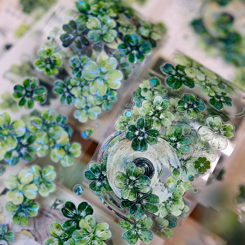 Whole Roll 6cm*6m Four Leaf Clover Die Cutting Washi/PET/Shell Light PET Tape featuring leaf, and light designs for journaling, scrapbooking and collage
