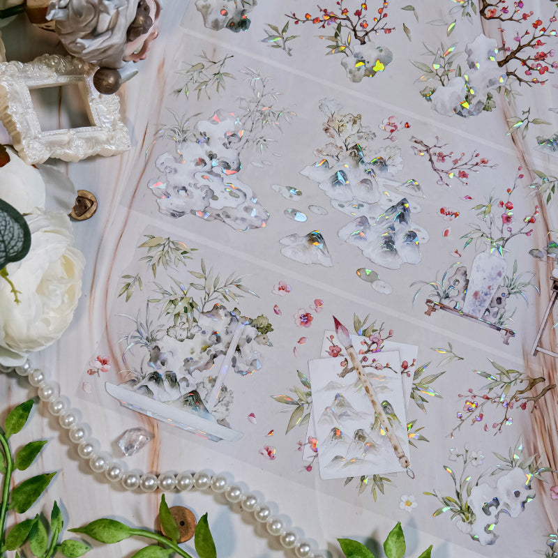 7.5cm*100cm Bamboo Painting Shell Light PET Tape featuring light designs for journaling, scrapbooking and collage