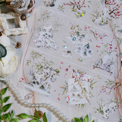 7.5cm*100cm Bamboo Painting Shell Light PET Tape featuring light designs for journaling, scrapbooking and collage