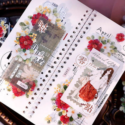 5.5cm*100cm Spring Red Tea Die Cutting Washi/PET/Shell Light PET Tape featuring spring, tea, and red designs for journaling, scrapbooking and collage