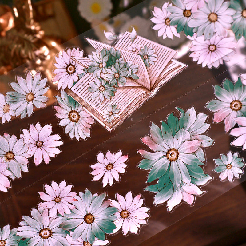 Whole Roll 5.5cm*5m Wild chrysanthemums Die Cutting Washi/PET/Shell Silver PET Tape featuring silver designs for journaling, scrapbooking and collage
