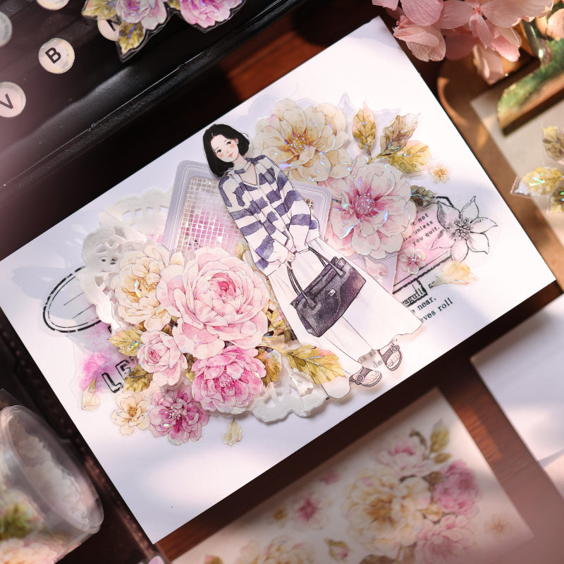 5.5cm*100cm Peach Fog White Flower Die Cutting Washi/PET/Shell Light PET Tape featuring white, flower, and peach designs for journaling, scrapbooking and collage