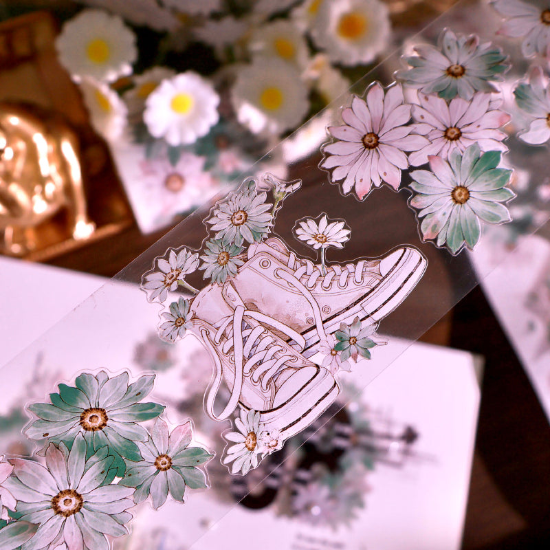 Whole Roll 5.5cm*5m Wild chrysanthemums Die Cutting Washi/PET/Shell Silver PET Tape featuring silver designs for journaling, scrapbooking and collage