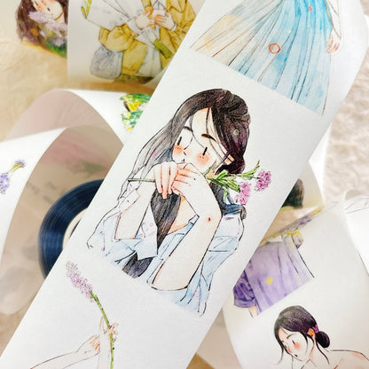 Whole Roll 5cm*10m Holding Flower Die Cutting Washi/PET/Fog PET Tape featuring old, and flower designs for journaling, scrapbooking and collage